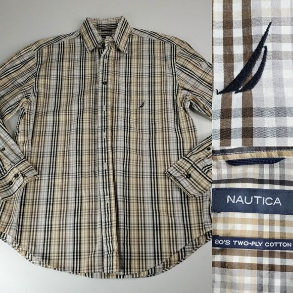 M NAUTICA 80'S Sailing TWO PLY COTTON tan black PLAID BUTTON DOWN SHIRT Medium - Picture 1 of 11